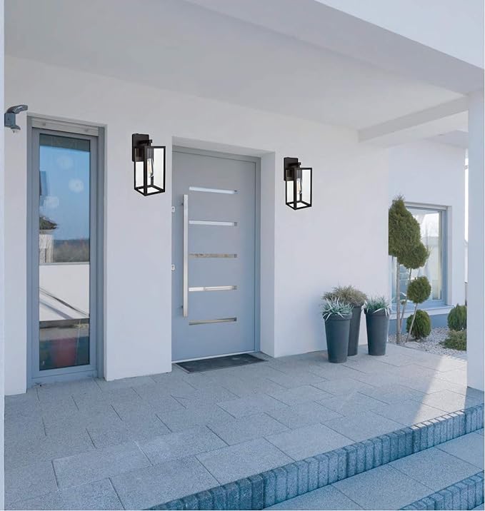 LIT-PaTH Outdoor Wall Lantern, Wall Sconce as Porch Lighting Fixture, E26 Medium Base Max 60W, Anti-Rust Metal with Glass Shade, Black, 2-Pack