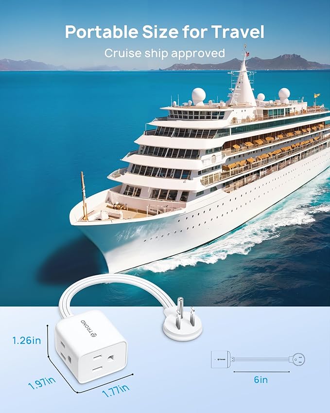 TROND Flat Outlet Extender with 6 Inch Cord - ETL Listed Flat Plug Extension Outlet Splitter Adapter, Electrical 3 Way Multi Wall Plug Extender for Home Office Dorm Room Cruise Ship Travel, White