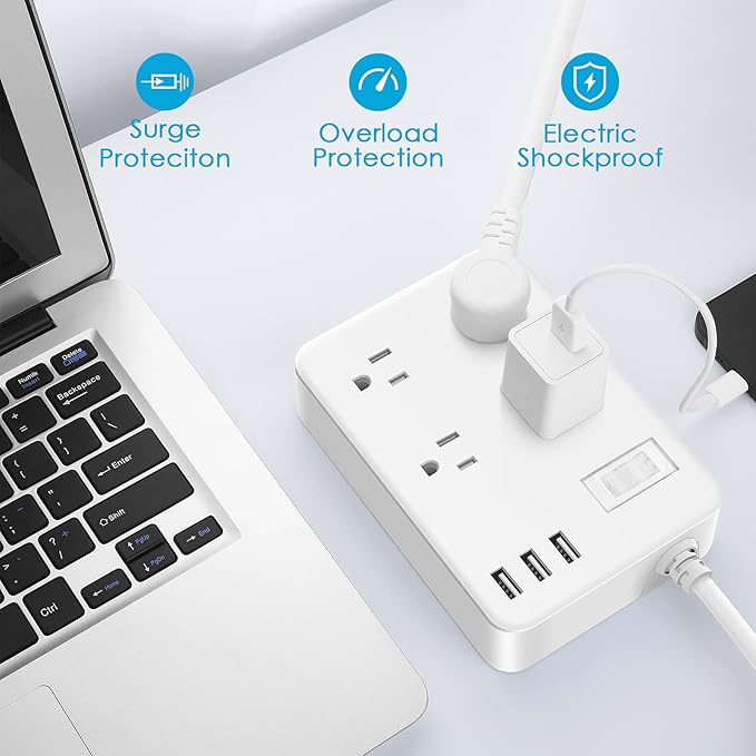 Jgstkcity Outdoor Waterproof Power Strip, 4 Flat Plug Outlets and 3 USB Ports, Mountable Weatherproof Surge Protector, Multi Outlet Extension for Camping, Garden, Kitchen, Bathroom, 6ft Cord (White)