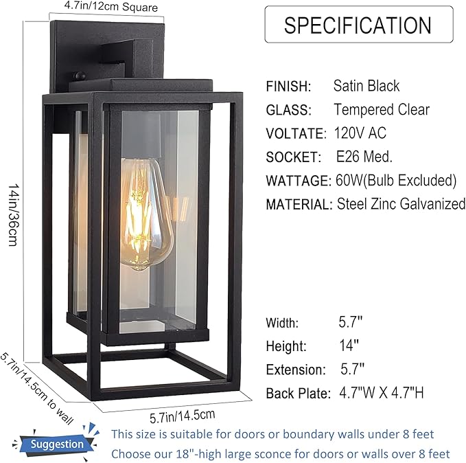 14" Outdoor Wall Light Fixtures Waterproofed Exterior Lantern W/Sturdy Rectangular Double Cage In Satin Black&Clear Tempered Glass,Sconce Mounted For House Patio,Front door,Porch,Garage Lighting 2Pack