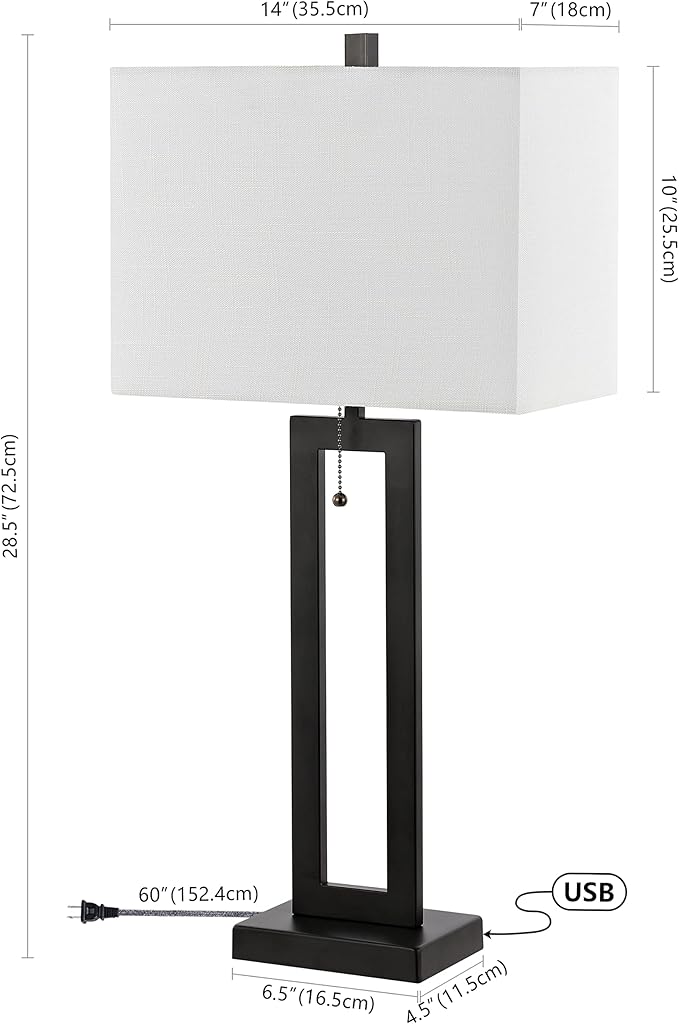 JONATHAN Y JYL1126C-SET2 Sabrina 28.5" Vintage Industrial Iron LED Table Lamp with Pull-Chain and USB Charging Port Mid-Century, Minimalist Bedside Desk Nightstand Lamp, Black (Set of 2)