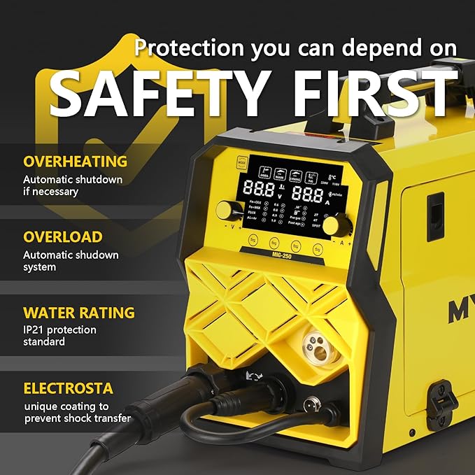 250A MIG Welder,5 in 1 Gas MIG/Gasless Flux Core/Stick/Lift TIG/Spot Welding/Spool Gun Compatible Aluminum Welding Machine Large LED Display 110V/220V Multi Process Welder