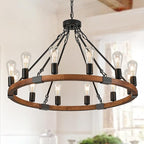 31.5'' Wooden Wagon Wheel Chandelier Farmhouse 12 Lights Wood Round Chandelier Black Rustic Light Fixture for Living Dining Room Entryway Foyer Kitchen