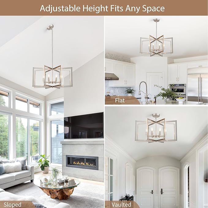 Brushed Nickel Chandelier 8-Light, 26" Large Dining Room Light Fixture Geometric Metal Modern Pendant Hanging Ceiling Lamp for Kitchen Island Living Room Entryway