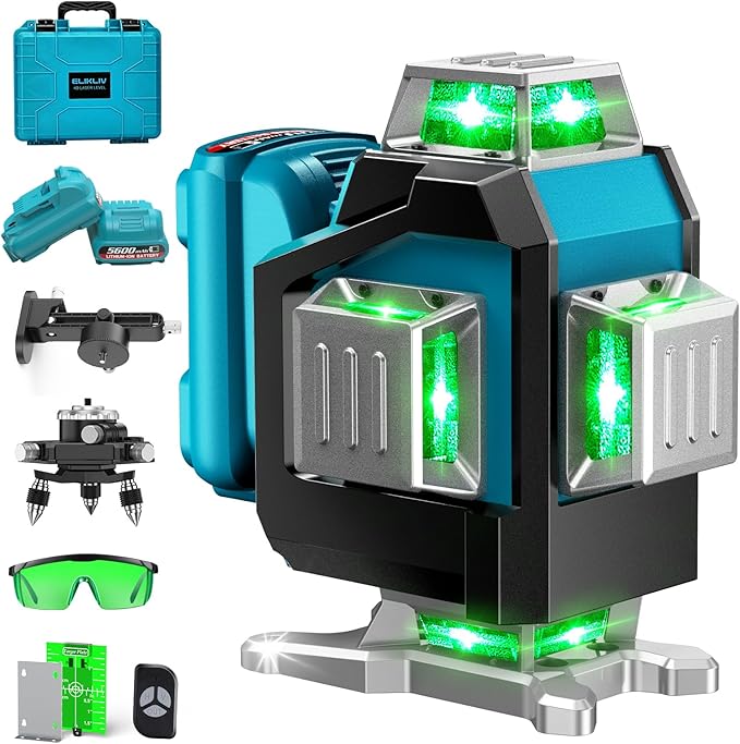 Elikliv Laser Level 360 Self Leveling, 200Ft Green Laser Level Lines Tool, 4x360° Cross Line Laser, Self Leveling Laser Level for Construction＆Picture Hanging, Rechargeable Batterie(16Hrs)