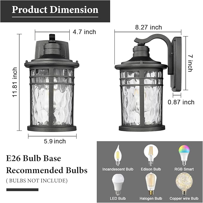 Darkaway Outdoor Porch Lights Wall Mount, Outside Light Fixtures Sconces Wall Lighting with Water Ripple Glass Waterproof Exterior Lights for Patio Yard House Hallway Doorway Garage