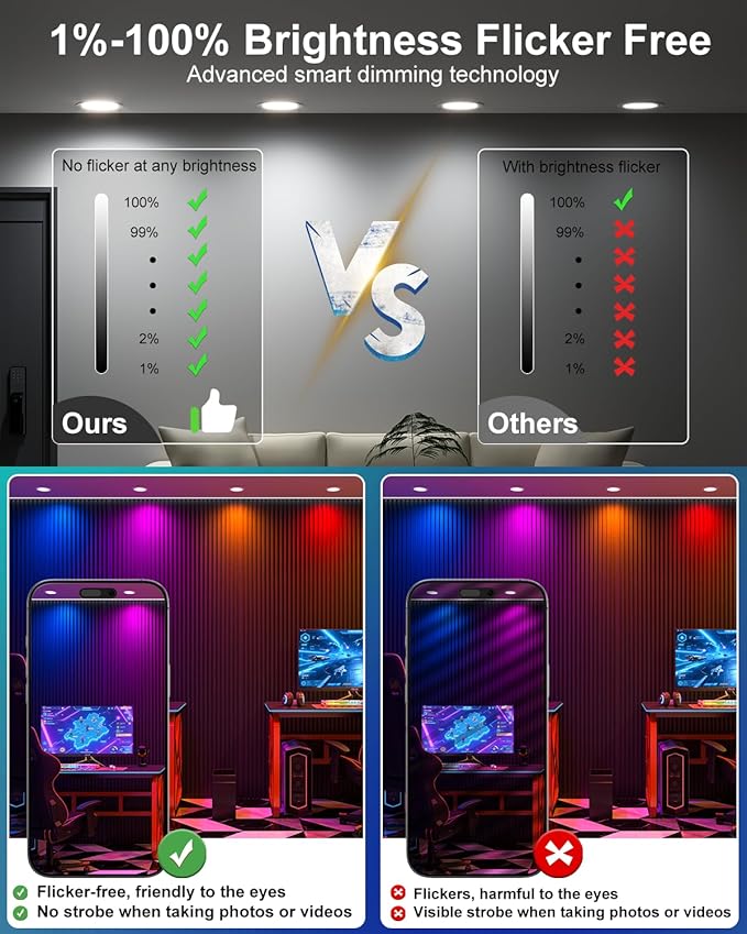 Smart Recessed Lighting 6 Inch RGBCW Color Changing 16W LED Downlight with Junction Box,1350 Lumen Recessed Ceiling Light Compatible with Alexa,Dimmable by Bluetooth Control -6Pack