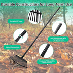 Rake for Leaves Heavy Duty Metal Garden Tools with 64.1 Inch Adjustable Steel Handle 25 Tines Leaf Rakes for Lawns Flower Bed Shrub Camping, Black
