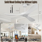 52" White Outdoor Ceiling Fan No Light,Solid Wood Modern Ceiling Fans Without Lights, Quiet High Cfm Energy Efficient 3 Blade Farmhouse Patio Dc Motor Rustic Exterior Large Living Room Ceiling Fan