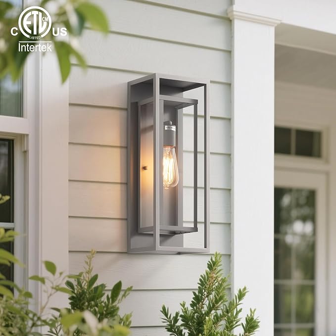 mirrea 18" Classic Outdoor Wall Sconce 1 Light in Rectangular Metal Frame and Clear Glass Shade Waterproof Porch Light Patio Light Pack of 2 (Matte Gray)
