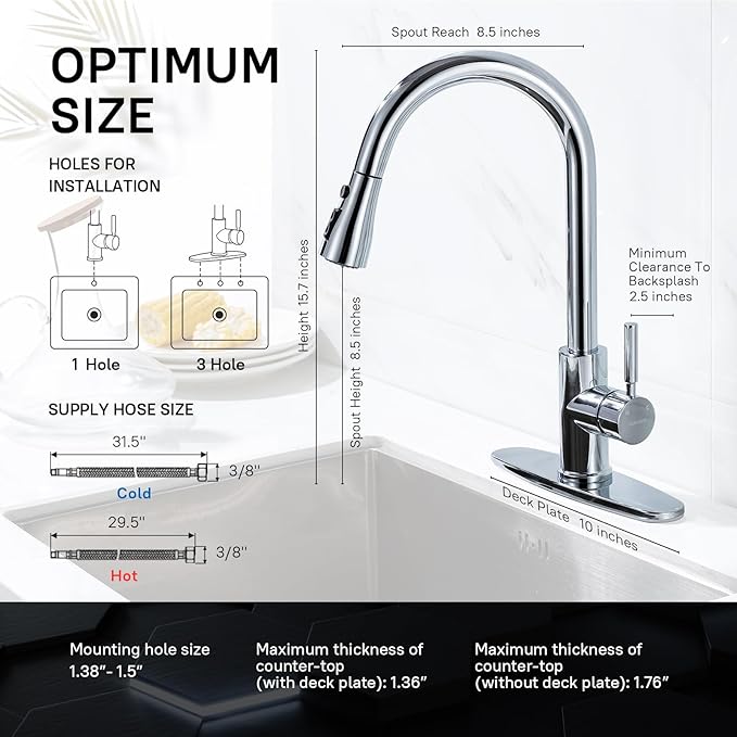 WEWE Sink Faucet, Pull Down Kitchen Faucet with Sprayer Low Lead Commercial Modern Stainless Steel rv Farmhouse Kitchen Faucet Single Handle 1 or 3 Hole Kitchen Sink Faucet, Polished Chrome