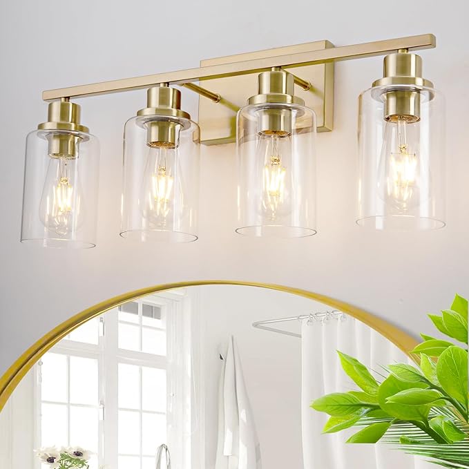 4 Light Gold Bathroom Light Fixtures Brushed Brass Vanity Light Over Mirror Modern Farmhouse Wall Lighting Sconces Wall Lamp for Bathroom, Bedroom, Living Room E26 Socket with Glass Shade