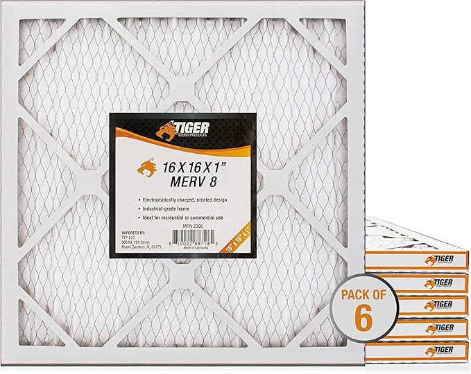 Tiger Tough 16x16x1 MERV 8 MPR 600-800 Air Filter, High-Performance AC Furnace & HVAC Filter, 6-Pack