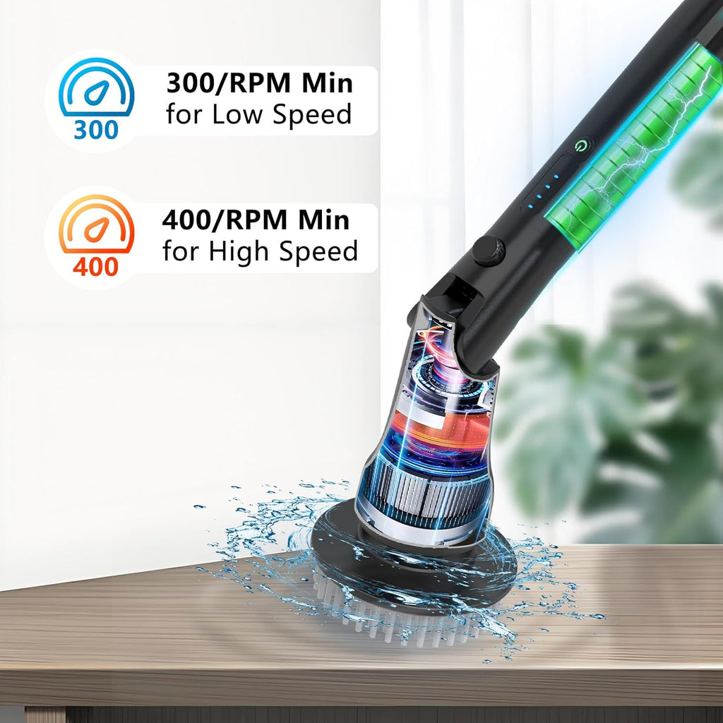 Electric Spin Scrubber, Hillyfe Power Shower Cleaning Brush with 7 Replaceable Brush Heads, IPX7 Waterproof, 2 Speeds (300/400 RPM) Electric Scrubber with Wall Mount Hook for Bathtub, Floor，Black
