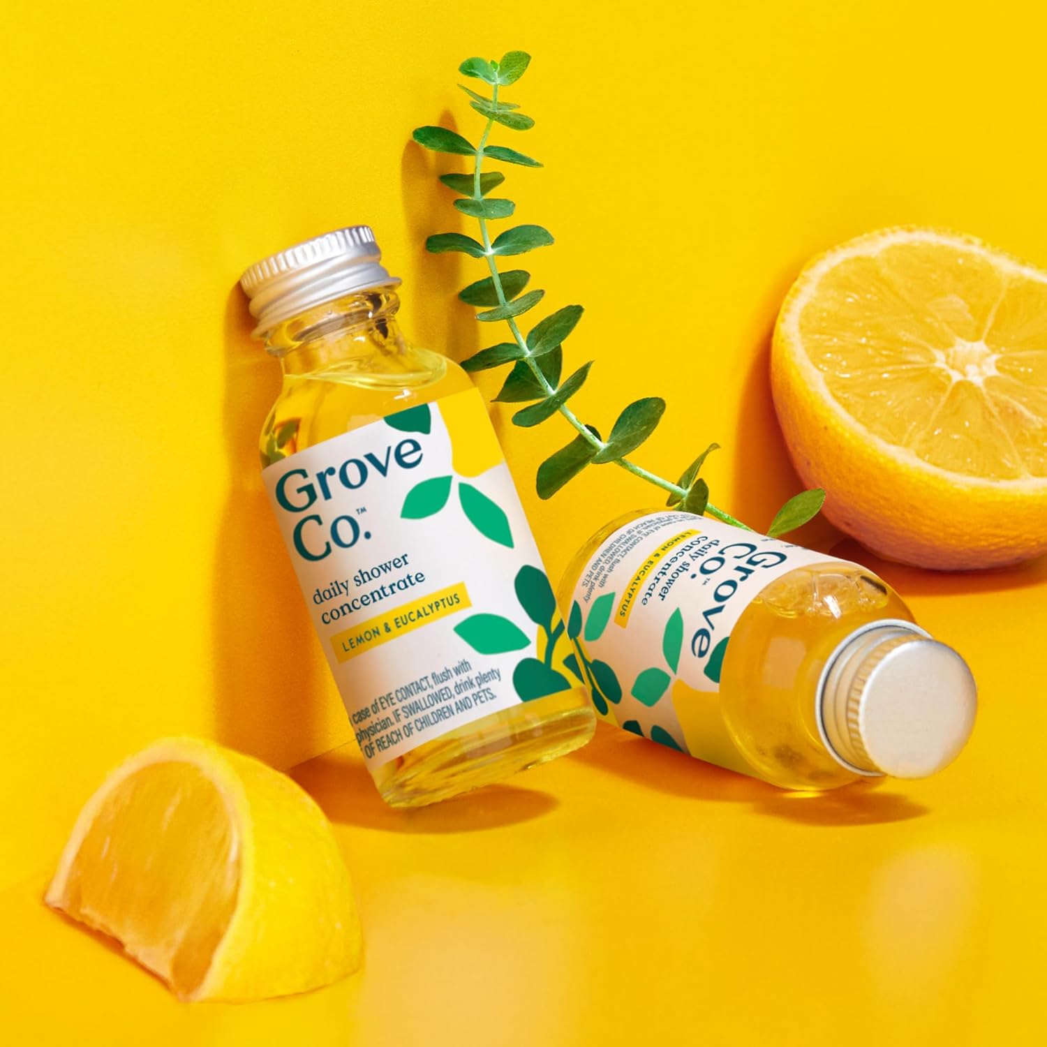 Grove Co. Daily Shower Cleaner, Refill Concentrate (2 x 1 Fl Oz) + 1 x Reusable Glass Spray Bottle (16 Oz), Plant-Based Cleaning Supplies, Reduced Plastic, Lemon & Eucalyptus Fragrance