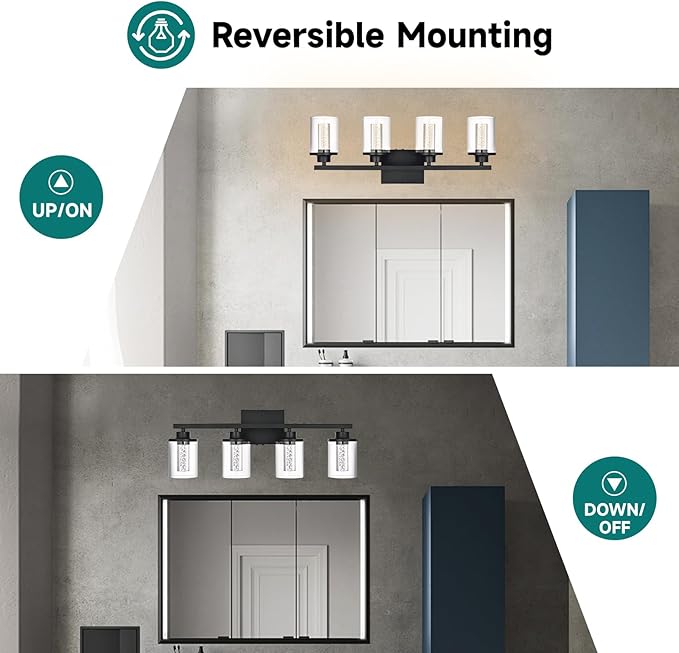 4-Light Bathroom Light Fixtures Over Mirror,Black Led Vanity Lighting Fixtures with 5CCT Dimmable LEDs,Clear Glass Shades &Wall Sconces Lighting Design for Bedroom,Livingroom