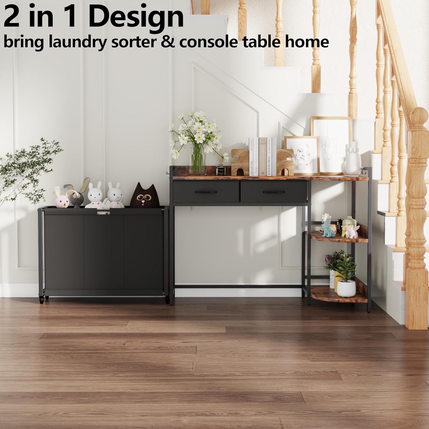 L Shaped Laundry Hamper Laundry Basket with 3 Section Pull-Out Rolling Bags & 3-Tier Storage Shelf, Laundry Sorter for Organization and Storage with 2 Drawers for Laundry Room