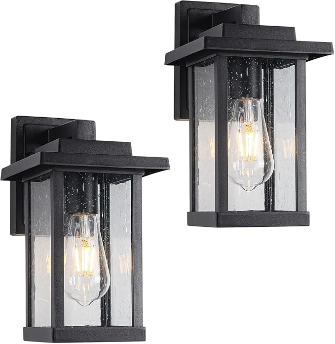 Black Exterior Light Fixtures 2 Pack, Farmhouse Outdoor Wall Sconce, Modern Front Porch Light with Seeded Glass for House Patio Garage Entrace