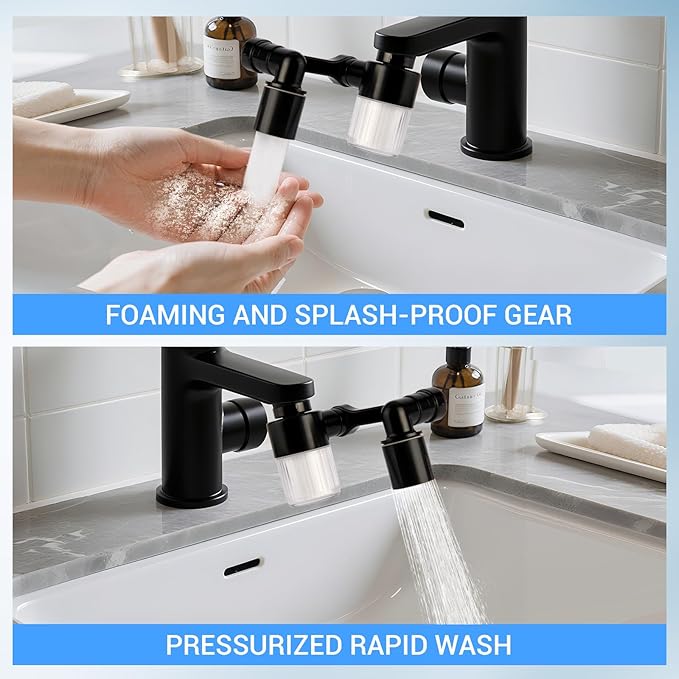 1080° Swivel Tap Extension, Swivel Robot Arm Bathroom Tap Extension, Kitchen Swivel Extension Filter with 2 Mode Splash Proofing (Extender with filter, Black)