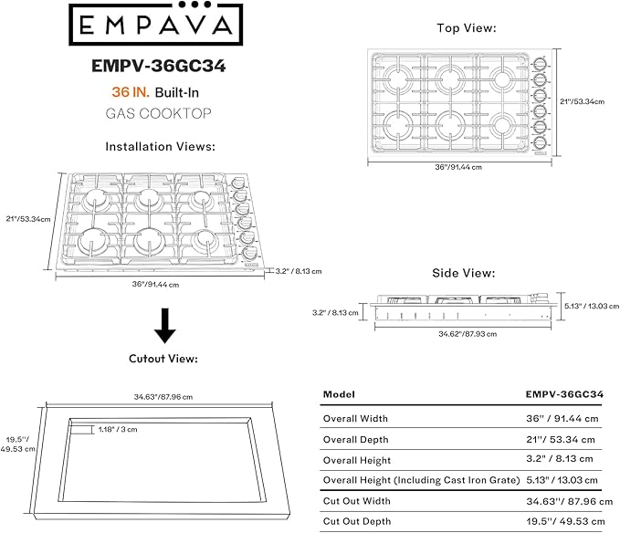 Empava 36 in. Gas Stove Cooktop 6 Italy Sabaf Sealed Burners NG/LPG Convertible in Stainless Steel, 36in