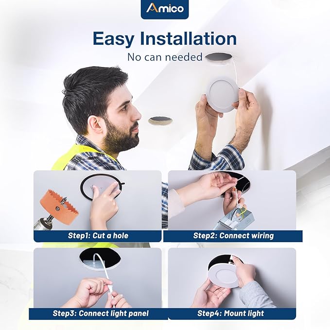 Amico 20 Pack 4 Inch 5CCT Ultra-Thin LED Recessed Ceiling Light with Junction Box, 2700K/3000K/4000K/5000K/6000K Selectable, 10W Eqv 70W, Dimmable Can-Killer Downlight, 700LM High Brightness