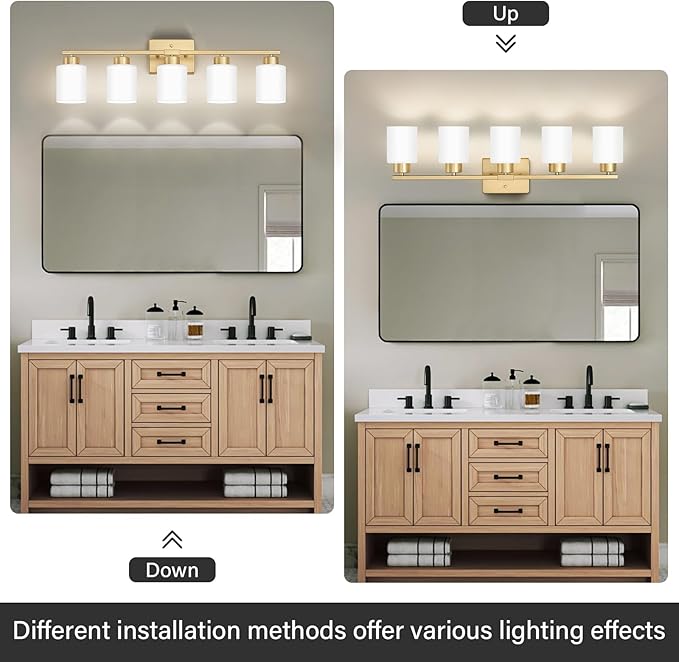 Gold Bathroom Light Fixtures, 5-Light Modern Vanity Light Over Mirror, Wall Sconces with Milky White Frosted Glass Shades, E26 Socket (Bulbs Not Included)