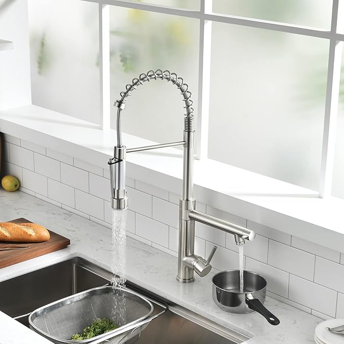 Fapully Commercial Kitchen Sink Faucet, Pull-Down Sprayer Kitchen Faucets Brushed Nickel
