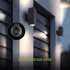 ASD 2 Light Square Dusk to Dawn Outdoor Wall Light Fixture | 120W E26 Bulb Socket 120V ETL Cylinder Up Down Lights | LED/CFL/Incandescent Bulb Wall Sconce | Front Door, Porch, Patio | Black