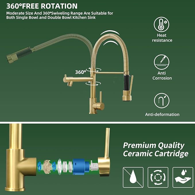 Fapully Commercial Pull Down Kitchen Faucets with Sprayer,Single Handle Spring Brushed Gold Kitchen Sink Faucet