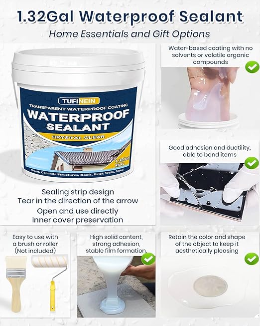 Transparent Waterproof Coating, TUFINEIN 1.32 Gallon Invisible Waterproof Agent Indoor & Outdoor Sealant Water-Based Clear Sealant Roofs, Walls, Garden, Terraces