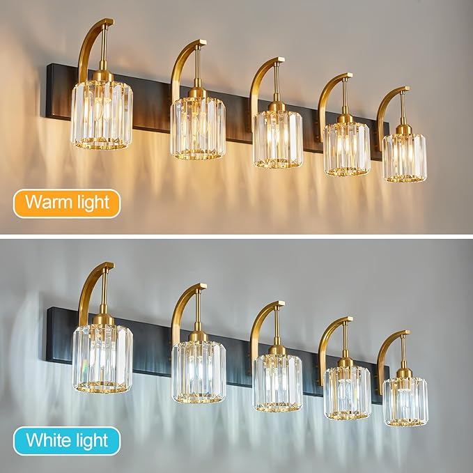 5-Light Crystal Vanity Light, Modern Black Gold Bathroom Wall Sconce with K9 Crystal Shades, 42.51" Long Over Mirror Lighting for Vanity, Makeup, Hallway, Elegant & Easy Installation
