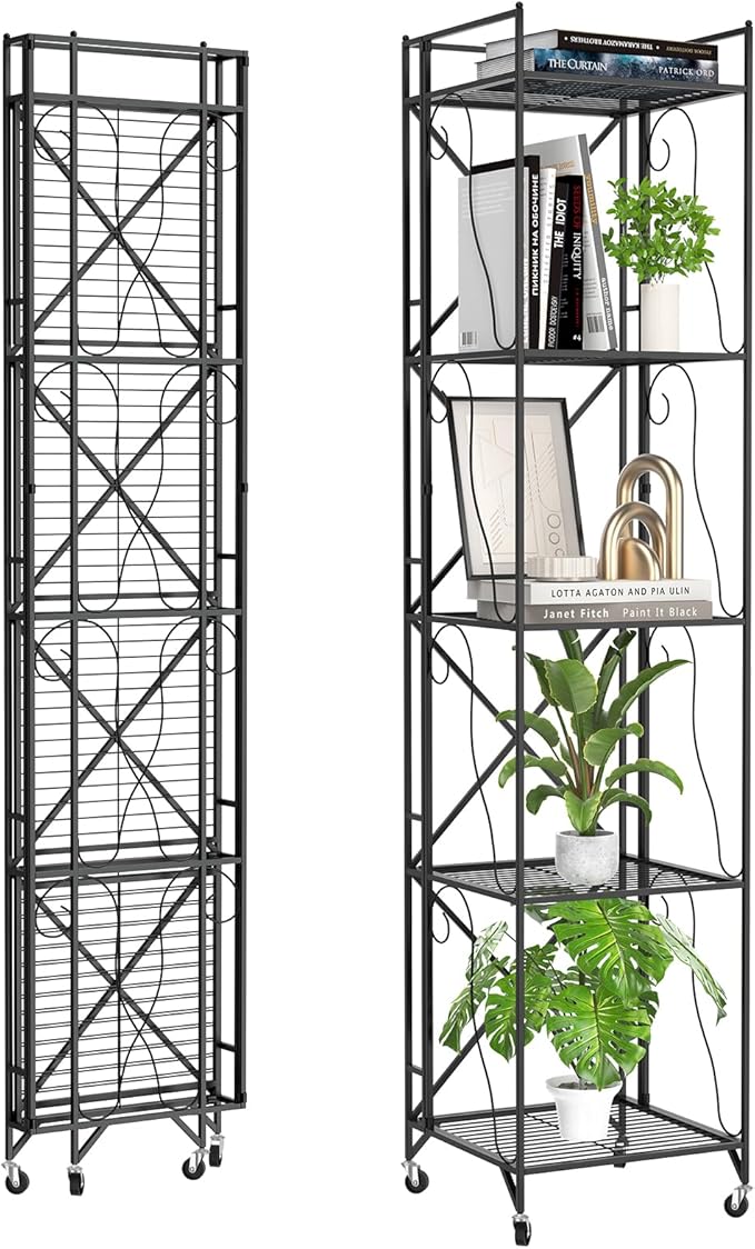5-Tier Foldable Metal Wire Storage Shelf – No Assembly Required | 71" Tall x 16"x 16"| Space-Saving Organizer for Room, Dark Black