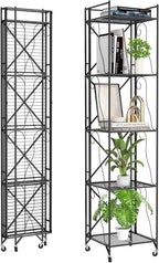 5-Tier Foldable Metal Wire Storage Shelf – No Assembly Required | 71" Tall x 16"x 16"| Space-Saving Organizer for Room, Black