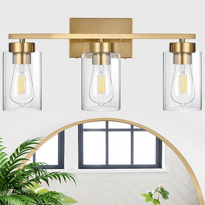 3-Light Bathroom Vanity Light, Modern Brushed Gold Wall Lights with Clear Glass Shades, Bathroom Wall Sconce Lamp for Mirror Living Room Bedroom Hallway