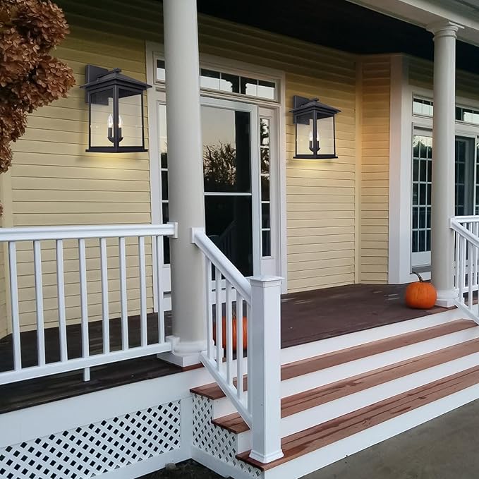 Treekee Large Outdoor Wall Light Fixture, 20 Inch Square Wall Lantern, 3- Light Exterior Sconce Lights, Porch Mount Lighting with Seeded Glass, Modern Black Lamps for Patio Front Door Entryway