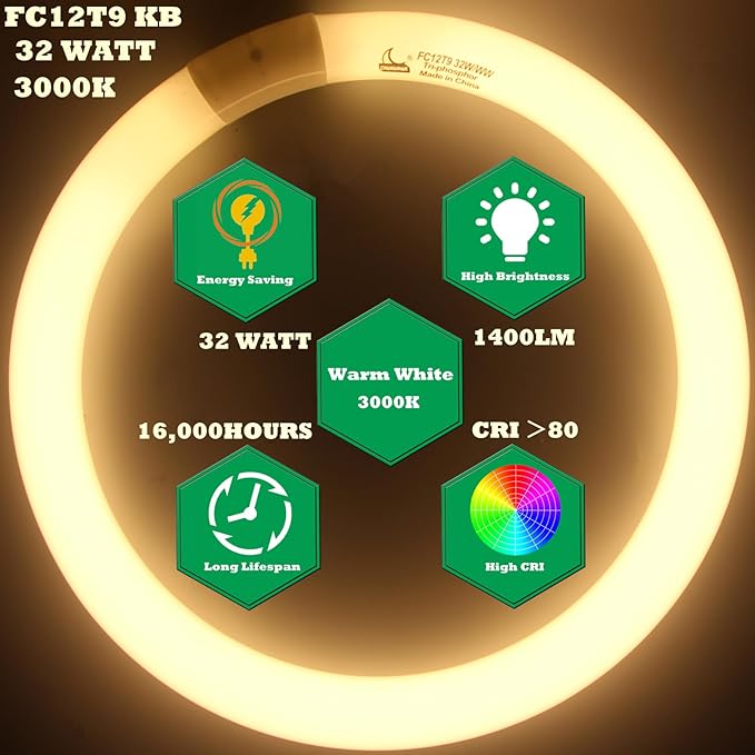 FC12T9/KB 32 Watt Light Bulb, 12 inch FCL 32W T9 Circular Fluorescent Light Bulb, FC12T9 WW Round Light Bulbs Warm White 3000K, G10q 4 Pin Prong Base, 2 Pack
