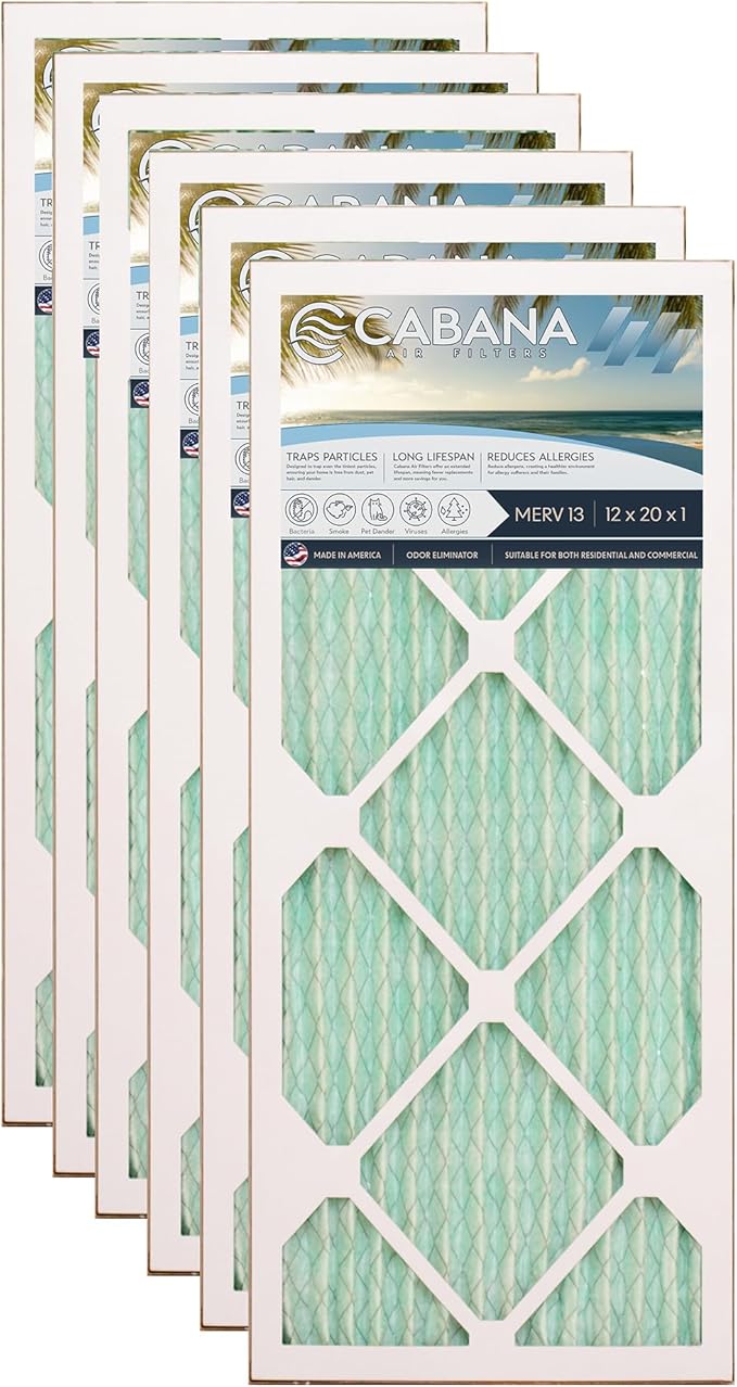 Cabana Filters 6-Pack 12x20x1 MERV 13 AC Furnace Air Filter for Home and Office - Indoor HVAC System Filtration Replacement, Captures Unwanted Particles