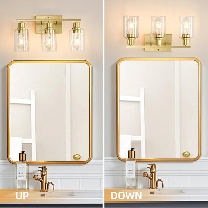 EMONG Gold Bathroom Light Fixtures, 3-Lights Vanity Light with Clear Glass Shade, Brushed Brass Wall Sconce for Hallway, Farmhouse, Living Room