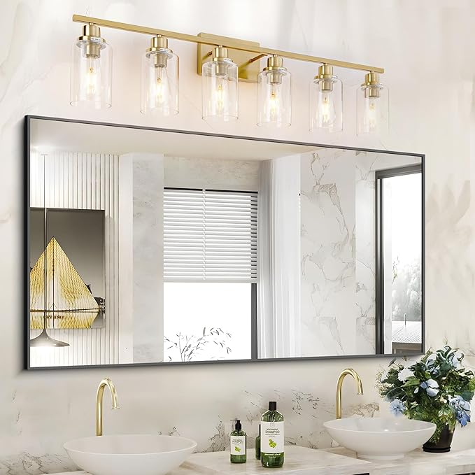 6 Light Gold Bathroom Light Fixtures Brushed Brass Vanity Light Over Mirror Modern Wall Lighting Sconces Wall Lamp for Bathroom, Bedroom, Living Room E26 Socket with Glass Shade