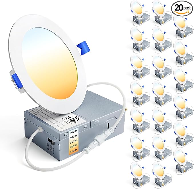 Ensenior 20 Pack 4 Inch LED Recessed Ceiling Light, Dimmable, 2700K-5000K 5CCT, 750LM 9W 120V, High Brightness Canless Wafer Downlight - ETL&FCC&IC