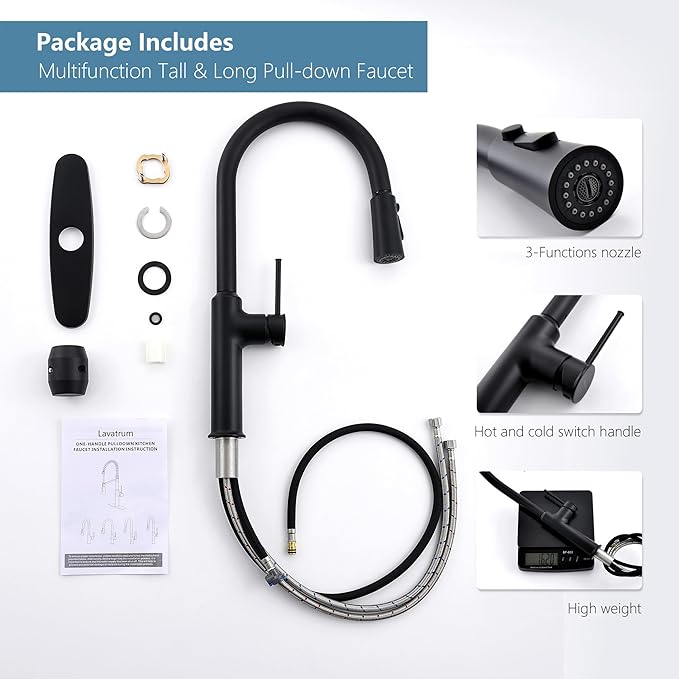 Matte Black Kitchen Faucets High Arc Single Handle Tall Kitchen Faucet with Pull Down Sprayer, Solid Brass 19 inch