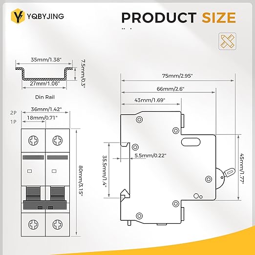 DC Circuit Breaker 20 Amp Solar Panel Disconnect Switch 12V-500V 2 Poles Miniature Solar Circuit Breaker for Outdoor PV Homes Battery, AC 110V DIN Rail MCB
