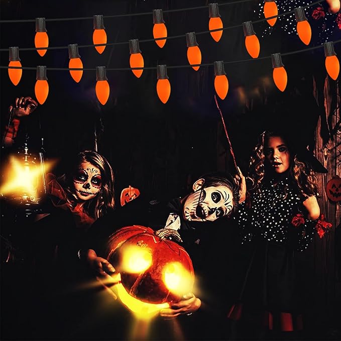 C9 Halloween Orange Replacement Bulbs 25 Pack, C9 Ceramic Orange Incandescent Bulb Christmas Light Bulbs for Halloween String Lights Outdoor Patio Christmas Lighting, E17 Intermediate Base, 7 Watts