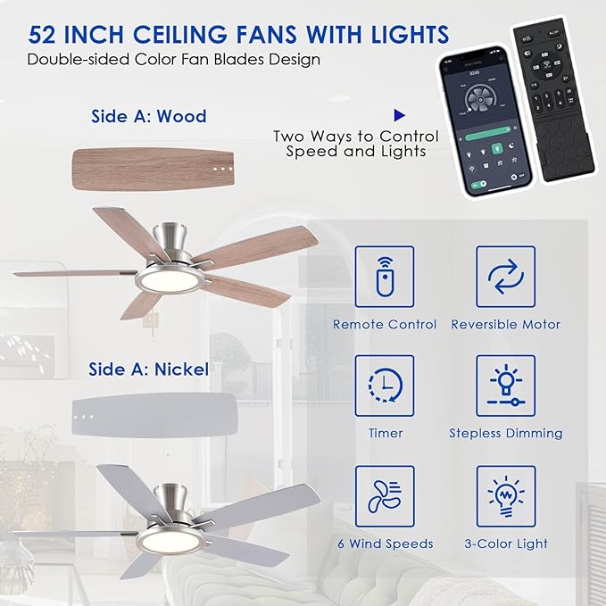 52“ Ceiling Fan with Lights and Remote/APP - Flush Mount Low Profile Ceiling Fan Light with 3CCT Dimmable, 6 Speeds Reversible, Modern Fan Light Fixture for Indoor, Covered Patios, Nickel
