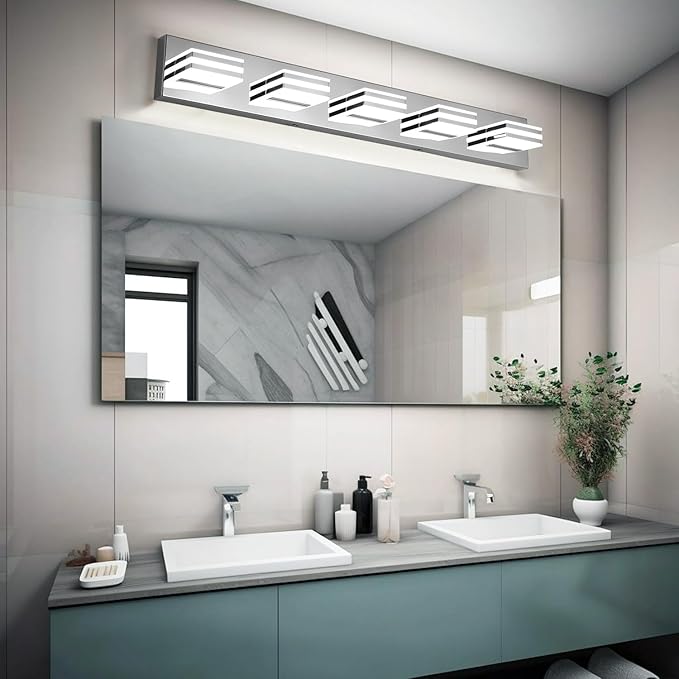 LED Vanity Lighting 30W Lights for Mirror 5 Light Bath Wall Lamps 34 Inch Bathroom Sink Lights over Vanity Modern Long Bath Lights Bars Chrome Wall Sconces Light for Bathroom Restroom 6000K