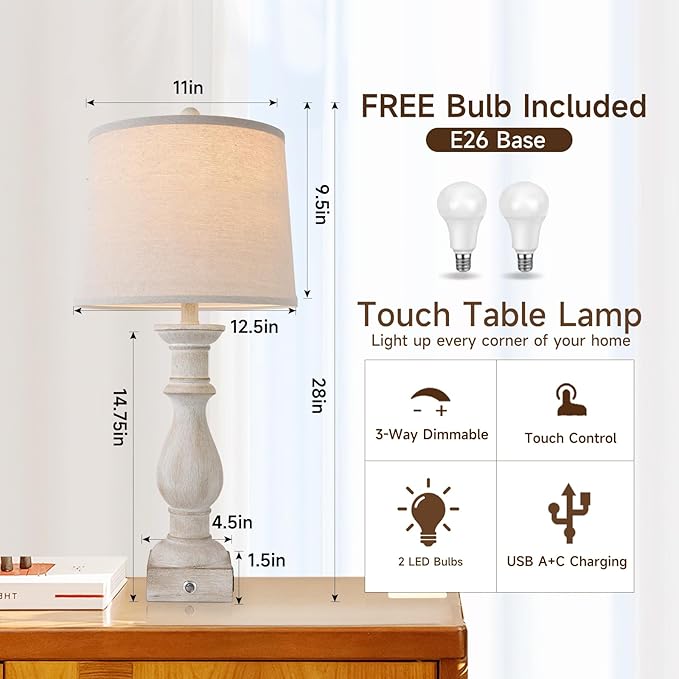 Table Lamps Set of 2 Vintage Night Stand Light Touch Dimmable Desk Lamp Farmhouse Resin Lamp,Bedside Lamps with USB Ports and Outlets Lamps,for Bedroom,Living Room,Office,Dining Room,End Table,Reading