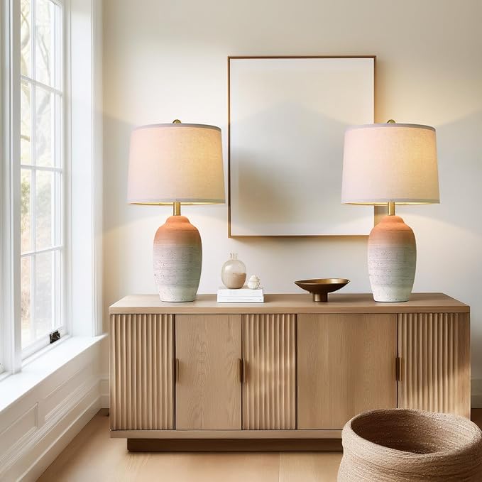 24.5" Vintage Ceramic Table Lamp - Single Farmhouse Rustic Bedside Lamp with Natural Textured Finish, Nightstand Lamps for Living Room, Bedroom, End Table, Office White and Brown