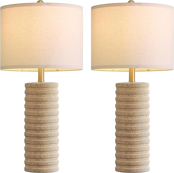 PoKat 27" Stone-Like Farmhouse Ceramic Table Lamps Set of 2 for Bedroom, Boho Nightstands Lamps for Night Stands, Distressed Beige Bedside Lamps with Natural Textured for Living Room, Sand-Colored