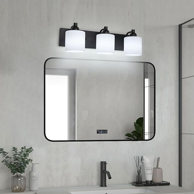 Milk Glass Vanity Lights for Bathroom, 3 Light Matte Black Bathroom Light Fixtures Over Mirror, Ceramic E26 Sockets Wall Mounted