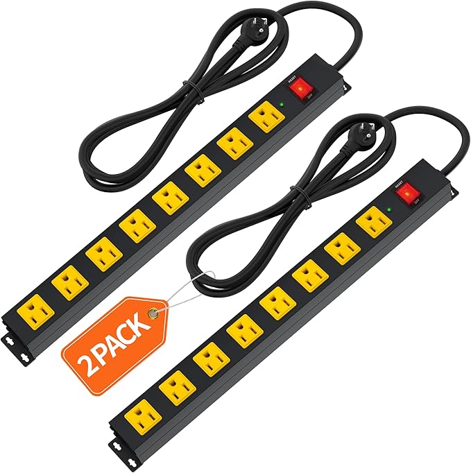 8 Outlet Long Power Strip, 2Pack 2100J Surge Protector Heavy Duty 6FT Cord Wide Spaced and Wall Mount Metal Powerstrip for Home Office Garage Workshop